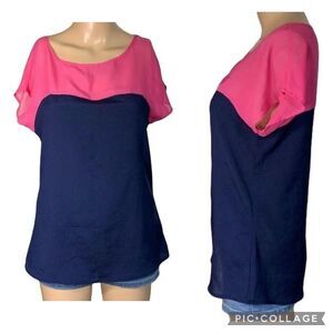 Hot Tempered Womens Blouse Top Shirt Colorblock Silky Pullover Pink Blue Medium